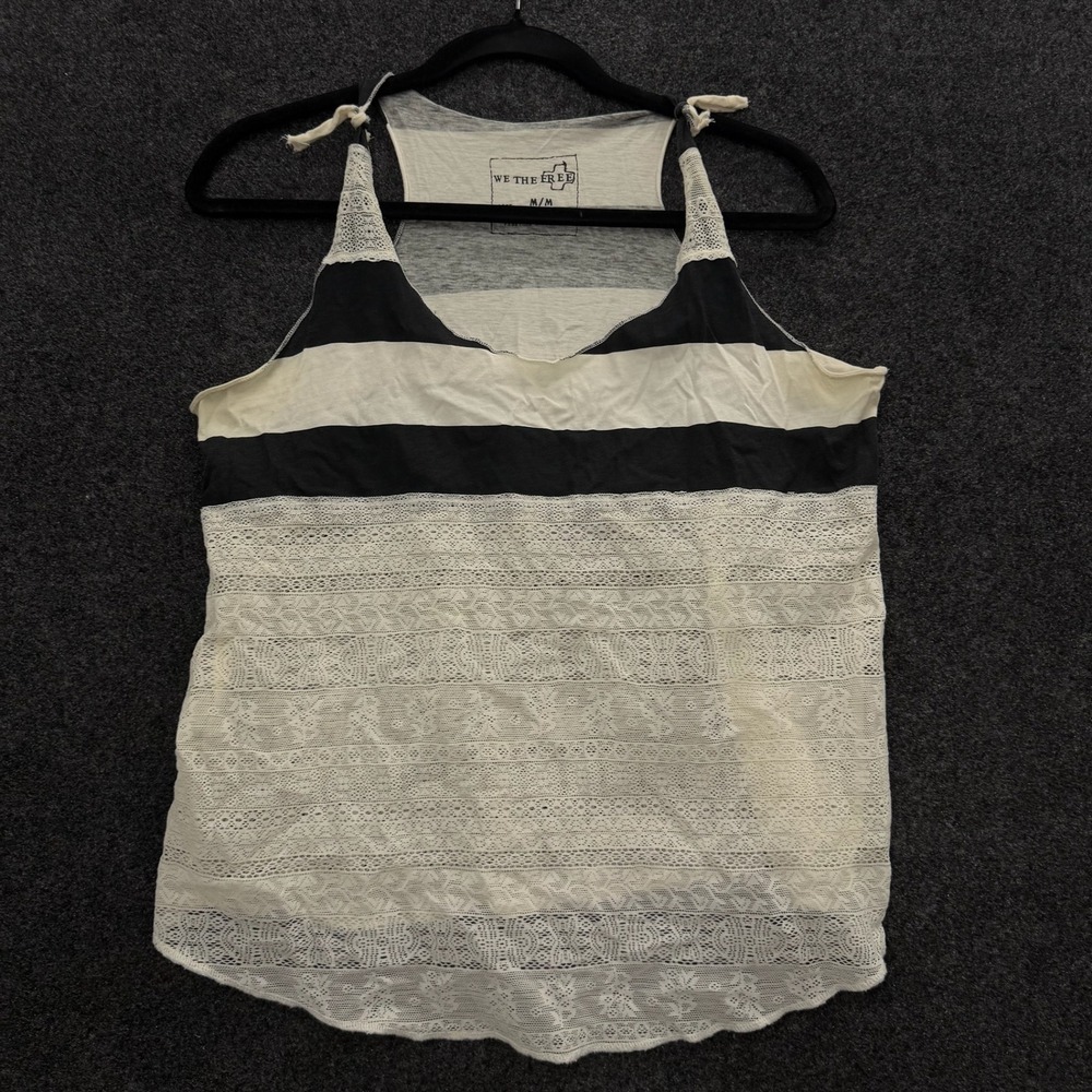 We The Free Free People Striped Lace Racerback Tank Top Black White Womens M